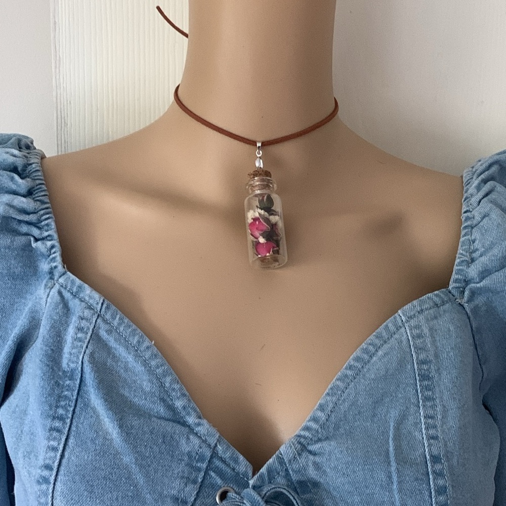 Genuine leather flower choker necklace OOAK